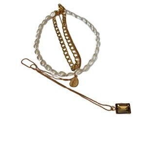 Gold Tone Layered Necklace Baroque Pearls, Virgin Mary Pennant, Brown Crystal